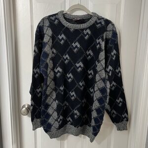 Sergio Sweater Knit Geometric Navy Grey White Crew Neck Vintage Coogi Style